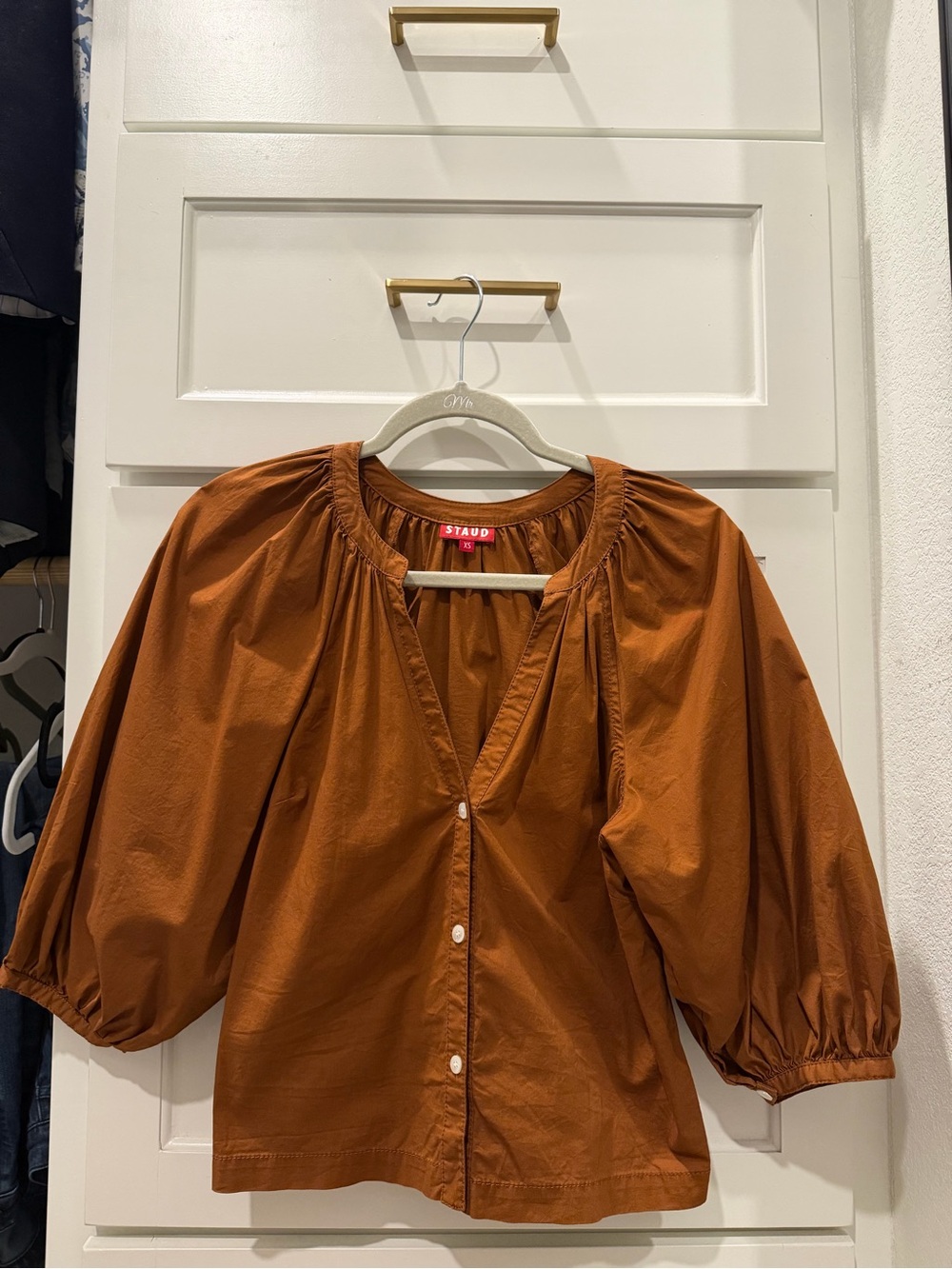 STAUD Burnt Orange Balloon-Sleeve Button Front Blouse